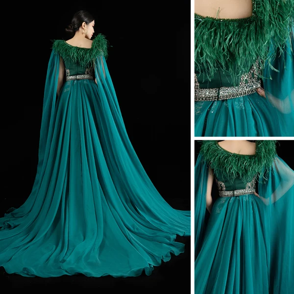 Luxury / Gorgeous Red Carpet Green Evening Dresses 2021 Trumpet / Mermaid Square Neckline Sleeveless Feather Beading Sequins Split Front Watteau Train Ruffle Backless Formal Dresses