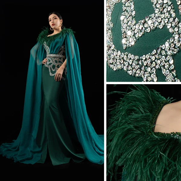 Luxury / Gorgeous Red Carpet Green Evening Dresses 2021 Trumpet / Mermaid Square Neckline Sleeveless Feather Beading Sequins Split Front Watteau Train Ruffle Backless Formal Dresses