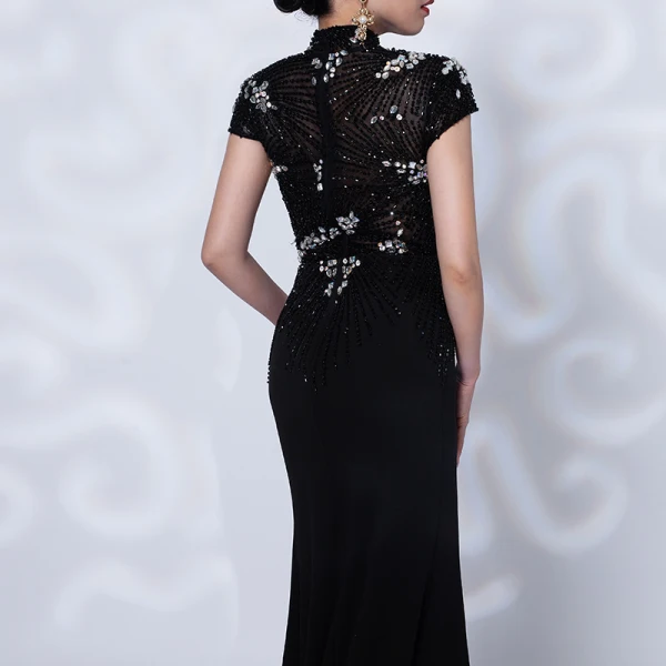 Luxury / Gorgeous Red Carpet Black See-through Evening Dresses  2021 Trumpet / Mermaid High Neck Short Sleeve Handmade  Beading Split Front Sweep Train Ruffle Formal Dresses