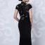 Luxury / Gorgeous Red Carpet Black See-through Evening Dresses  2021 Trumpet / Mermaid High Neck Short Sleeve Handmade  Beading Split Front Sweep Train Ruffle Formal Dresses