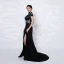 Luxury / Gorgeous Red Carpet Black See-through Evening Dresses  2021 Trumpet / Mermaid High Neck Short Sleeve Handmade  Beading Split Front Sweep Train Ruffle Formal Dresses