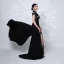 Luxury / Gorgeous Red Carpet Black See-through Evening Dresses  2021 Trumpet / Mermaid High Neck Short Sleeve Handmade  Beading Split Front Sweep Train Ruffle Formal Dresses