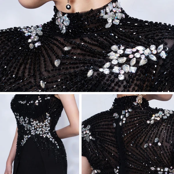 Luxury / Gorgeous Red Carpet Black See-through Evening Dresses  2021 Trumpet / Mermaid High Neck Short Sleeve Handmade  Beading Split Front Sweep Train Ruffle Formal Dresses