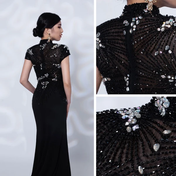 Luxury / Gorgeous Red Carpet Black See-through Evening Dresses  2021 Trumpet / Mermaid High Neck Short Sleeve Handmade  Beading Split Front Sweep Train Ruffle Formal Dresses