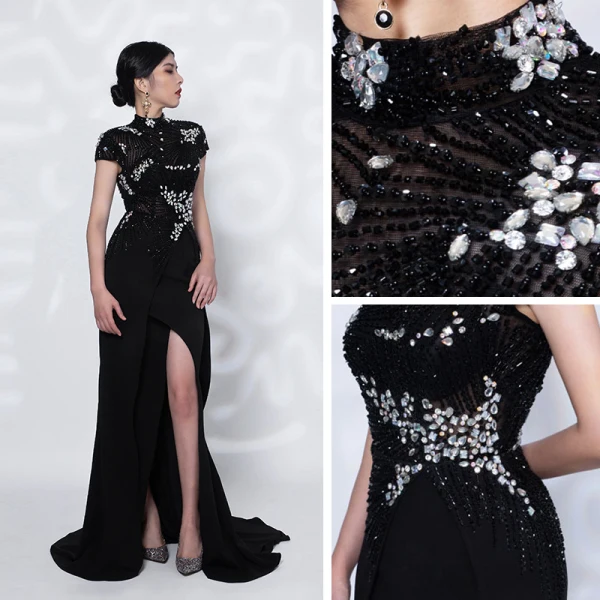 Luxury / Gorgeous Red Carpet Black See-through Evening Dresses  2021 Trumpet / Mermaid High Neck Short Sleeve Handmade  Beading Split Front Sweep Train Ruffle Formal Dresses