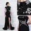 Luxury / Gorgeous Red Carpet Black See-through Evening Dresses  2021 Trumpet / Mermaid High Neck Short Sleeve Handmade  Beading Split Front Sweep Train Ruffle Formal Dresses