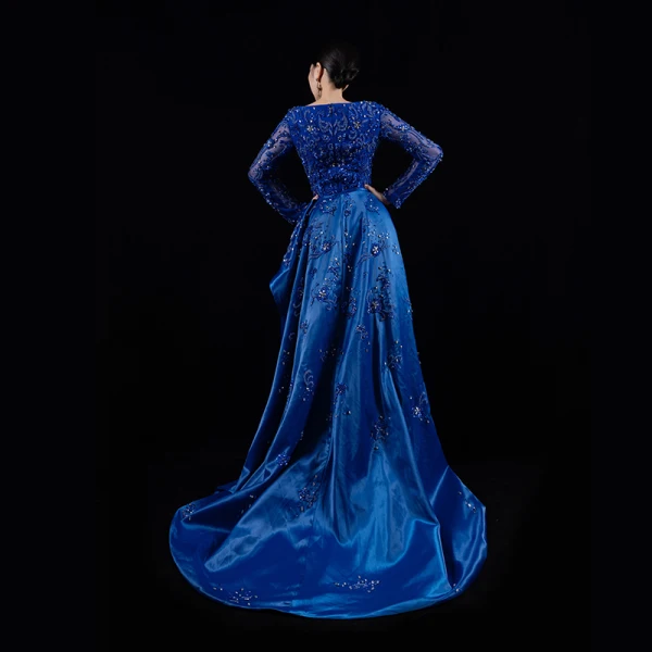 Luxe Bleu Roi Satin Tapis rouge Robe De Soirée 2021 Trompette / Sirène Encolure Carrée Manches Longues Fait main Perlage Train De Balayage Robe De Ceremonie