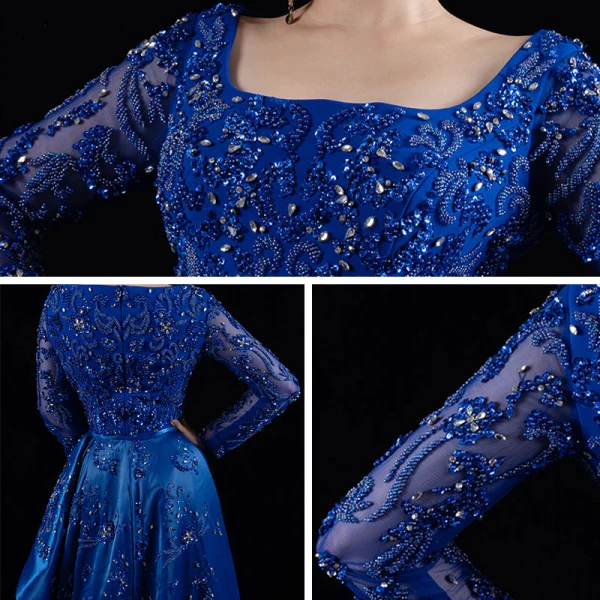 Luxe Bleu Roi Satin Tapis rouge Robe De Soirée 2021 Trompette / Sirène Encolure Carrée Manches Longues Fait main Perlage Train De Balayage Robe De Ceremonie