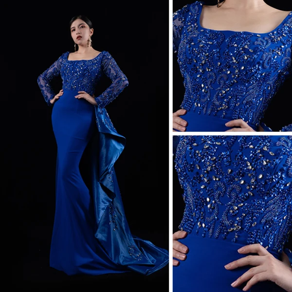 Luxe Bleu Roi Satin Tapis rouge Robe De Soirée 2021 Trompette / Sirène Encolure Carrée Manches Longues Fait main Perlage Train De Balayage Robe De Ceremonie