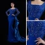 Luxe Bleu Roi Satin Tapis rouge Robe De Soirée 2021 Trompette / Sirène Encolure Carrée Manches Longues Fait main Perlage Train De Balayage Robe De Ceremonie