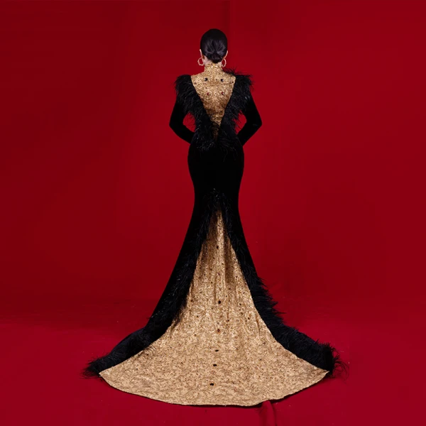 black and gold lace dress with sleeves Black Lace Long Sleeve Wedding Dress Yellow Chiffon Skirt – loveangeldress