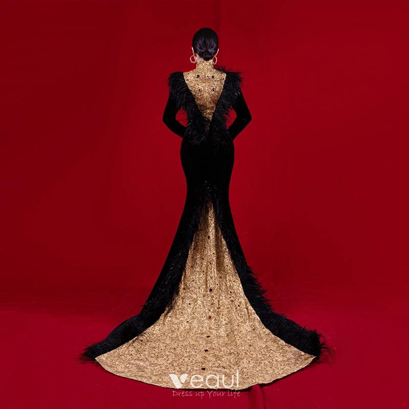 Luxury / Gorgeous Red Carpet Black Gold Evening Dresses 2021 Trumpet / Mermaid High Neck Long Sleeve Feather Appliques Lace Beading Sweep Train Ruffle