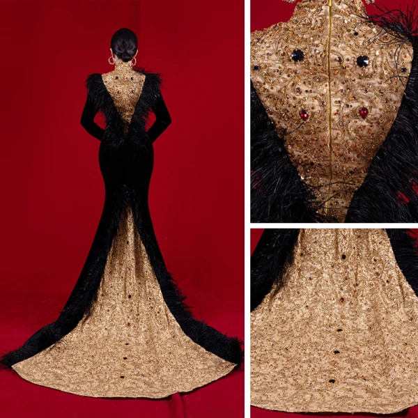 Luxury / Gorgeous Red Carpet Black Gold Evening Dresses 2021 Trumpet / Mermaid High Neck Long Sleeve Feather Appliques Lace Beading Sweep Train Ruffle