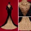 Luxury / Gorgeous Red Carpet Black Gold Evening Dresses  2021 Trumpet / Mermaid High Neck Long Sleeve Feather Appliques Lace Beading Sweep Train Ruffle Formal Dresses