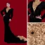 Luxury / Gorgeous Red Carpet Black Gold Evening Dresses  2021 Trumpet / Mermaid High Neck Long Sleeve Feather Appliques Lace Beading Sweep Train Ruffle Formal Dresses