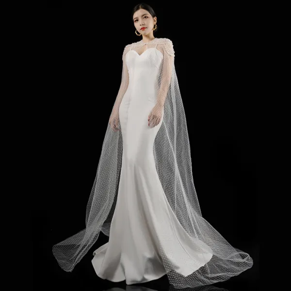 Luxury / Gorgeous White Satin Bridal Wedding Dresses 2021 Trumpet / Mermaid Spaghetti Straps Sleeveless Backless Beading Pearl Watteau Train Ruffle