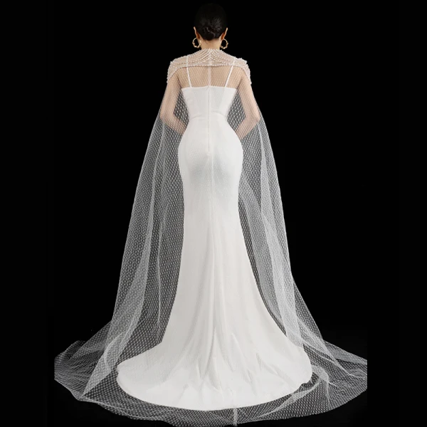 Luxury / Gorgeous White Satin Bridal Wedding Dresses 2021 Trumpet / Mermaid Spaghetti Straps Sleeveless Backless Beading Pearl Watteau Train Ruffle