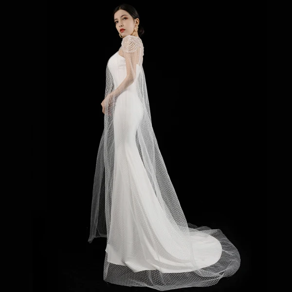 Luxury / Gorgeous White Satin Bridal Wedding Dresses 2021 Trumpet / Mermaid Spaghetti Straps Sleeveless Backless Beading Pearl Watteau Train Ruffle