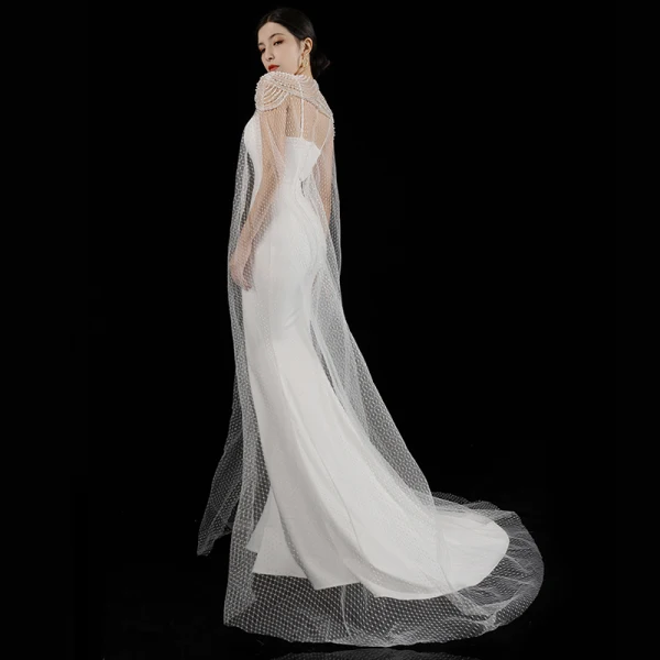 Luxury / Gorgeous White Satin Bridal Wedding Dresses 2021 Trumpet / Mermaid Spaghetti Straps Sleeveless Backless Beading Pearl Watteau Train Ruffle