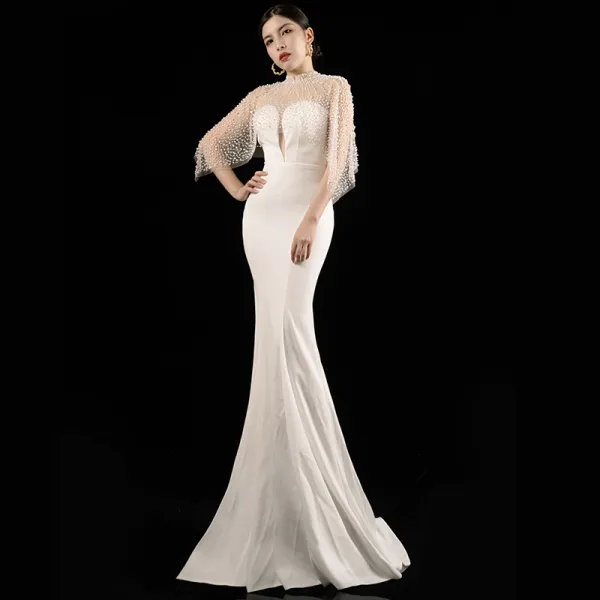 Luxury / Gorgeous White Evening Dresses  With Shawl 2021 Trumpet / Mermaid Sweetheart Sleeveless Handmade  Beading Sweep Train Ruffle Backless Formal Dresses