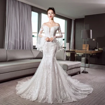 Luxury Gorgeous Ivory See Through Wedding Dresses 2018 Trumpet Mermaid Off The Shoulder Bell Sleeves Backless Appliques Lace Glitter Tulle Chapel Train Ruffle