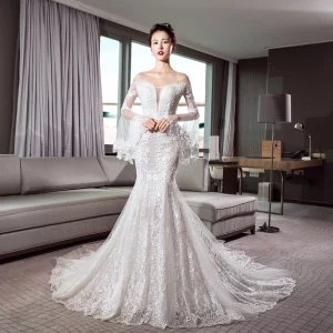 Luxus Herrlich Ivory Creme Durchsichtige Brautkleider Hochzeitskleider 2018 Meerjungfrau Off Shoulder Glockenhülsen Rückenfreies Applikationen Spitze Glanz Tülle Kapelle Schleppe Rüschen