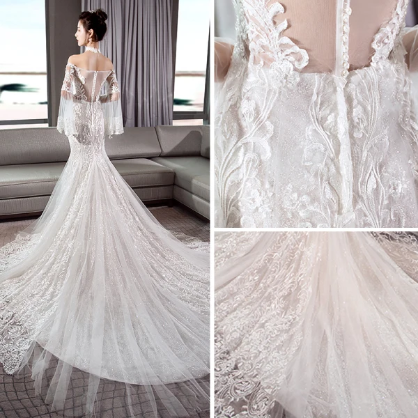 Luxe Ivoire Transparentes Robe De Mariée 2018 Trompette / Sirène De l'épaule Manches de cloche Dos Nu Appliques En Dentelle Glitter Tulle Chapel Train Volants
