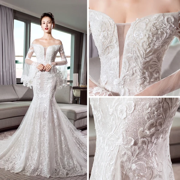 Luxe Ivoire Transparentes Robe De Mariée 2018 Trompette / Sirène De l'épaule Manches de cloche Dos Nu Appliques En Dentelle Glitter Tulle Chapel Train Volants