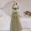 Vintage / Retro Sage Green Dancing Prom Dresses 2021 A-Line / Princess Square Neckline Puffy Short Sleeve Feather Beading Glitter Tulle Floor-Length / Long Ruffle Backless Formal Dresses