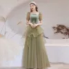 Vintage / Retro Sage Green Dancing Prom Dresses 2021 A-Line / Princess Square Neckline Puffy Short Sleeve Feather Beading Glitter Tulle Floor-Length / Long Ruffle Backless Formal Dresses