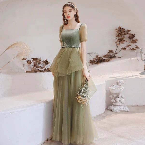 Vintage / Retro Sage Green Dancing Prom Dresses 2021 A-Line / Princess Square Neckline Puffy Short Sleeve Feather Beading Glitter Tulle Floor-Length / Long Ruffle Backless Formal Dresses