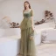 Vintage / Retro Sage Green Dancing Prom Dresses 2021 A-Line / Princess Square Neckline Puffy Short Sleeve Feather Beading Glitter Tulle Floor-Length / Long Ruffle Backless Formal Dresses