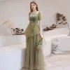 Vintage / Retro Sage Green Dancing Prom Dresses 2021 A-Line / Princess Square Neckline Puffy Short Sleeve Feather Beading Glitter Tulle Floor-Length / Long Ruffle Backless Formal Dresses