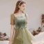 Vintage / Retro Sage Green Dancing Prom Dresses 2021 A-Line / Princess Square Neckline Puffy Short Sleeve Feather Beading Glitter Tulle Floor-Length / Long Ruffle Backless Formal Dresses