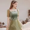 Vintage / Originale Vert Cendré Dansant Robe De Bal 2021 Princesse Encolure Carrée Gonflée Manches Courtes Plumes Perlage Glitter Tulle Longue Volants Dos Nu Robe De Ceremonie