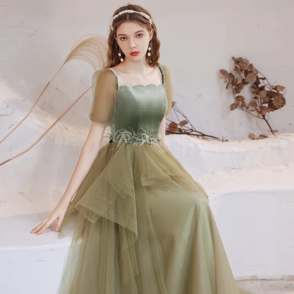 Vintage / Retro Sage Green Dancing Prom Dresses 2021 A-Line / Princess Square Neckline Puffy Short Sleeve Feather Beading Glitter Tulle Floor-Length / Long Ruffle Backless Formal Dresses