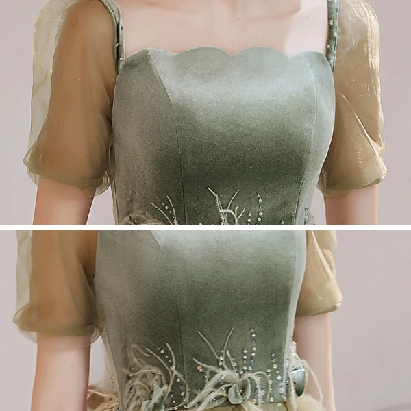 Vintage / Retro Sage Green Dancing Prom Dresses 2021 A-Line / Princess Square Neckline Puffy Short Sleeve Feather Beading Glitter Tulle Floor-Length / Long Ruffle Backless Formal Dresses