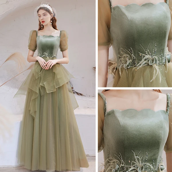 Vintage / Retro Sage Green Dancing Prom Dresses 2021 A-Line / Princess Square Neckline Puffy Short Sleeve Feather Beading Glitter Tulle Floor-Length / Long Ruffle Backless Formal Dresses