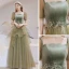 Vintage / Retro Sage Green Dancing Prom Dresses 2021 A-Line / Princess Square Neckline Puffy Short Sleeve Feather Beading Glitter Tulle Floor-Length / Long Ruffle Backless Formal Dresses