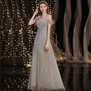 Sparkly Grey Dancing Prom Dresses 2021 A Line Princess Off The Shoulder Short Sleeve Beading Sequins Glitter Tulle Sweep Train Ruffle Backless Formal Dresses
