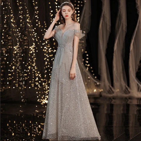 Sparkly Grey Dancing Prom Dresses 2021 A-Line / Princess Off-The-Shoulder Short Sleeve Beading Sequins Glitter Tulle Sweep Train Ruffle Backless Formal Dresses