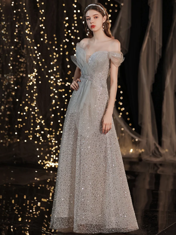 Glitzernden Grau Tanzen Ballkleider 2021 A Linie Off Shoulder Kurze Ärmel Perlenstickerei Pailletten Glanz Tülle Sweep / Pinsel Zug Rüschen Rückenfreies Festliche Kleider