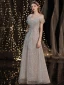 Glitzernden Grau Tanzen Ballkleider 2021 A Linie Off Shoulder Kurze Ärmel Perlenstickerei Pailletten Glanz Tülle Sweep / Pinsel Zug Rüschen Rückenfreies Festliche Kleider