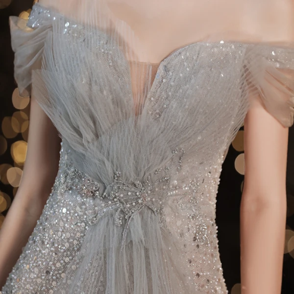 Glitzernden Grau Tanzen Ballkleider 2021 A Linie Off Shoulder Kurze Ärmel Perlenstickerei Pailletten Glanz Tülle Sweep / Pinsel Zug Rüschen Rückenfreies Festliche Kleider