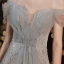 Glitzernden Grau Tanzen Ballkleider 2021 A Linie Off Shoulder Kurze Ärmel Perlenstickerei Pailletten Glanz Tülle Sweep / Pinsel Zug Rüschen Rückenfreies Festliche Kleider