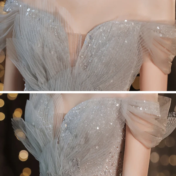 Glitzernden Grau Tanzen Ballkleider 2021 A Linie Off Shoulder Kurze Ärmel Perlenstickerei Pailletten Glanz Tülle Sweep / Pinsel Zug Rüschen Rückenfreies Festliche Kleider