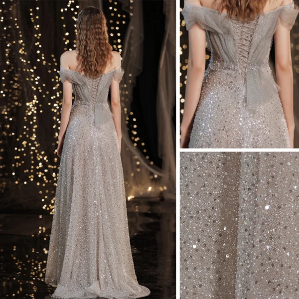 Glitzernden Grau Tanzen Ballkleider 2021 A Linie Off Shoulder Kurze Ärmel Perlenstickerei Pailletten Glanz Tülle Sweep / Pinsel Zug Rüschen Rückenfreies Festliche Kleider