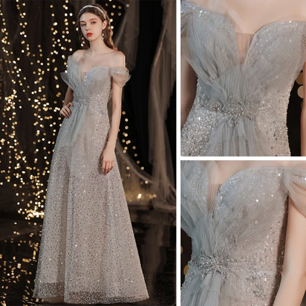 Glitzernden Grau Tanzen Ballkleider 2021 A Linie Off Shoulder Kurze Ärmel Perlenstickerei Pailletten Glanz Tülle Sweep / Pinsel Zug Rüschen Rückenfreies Festliche Kleider