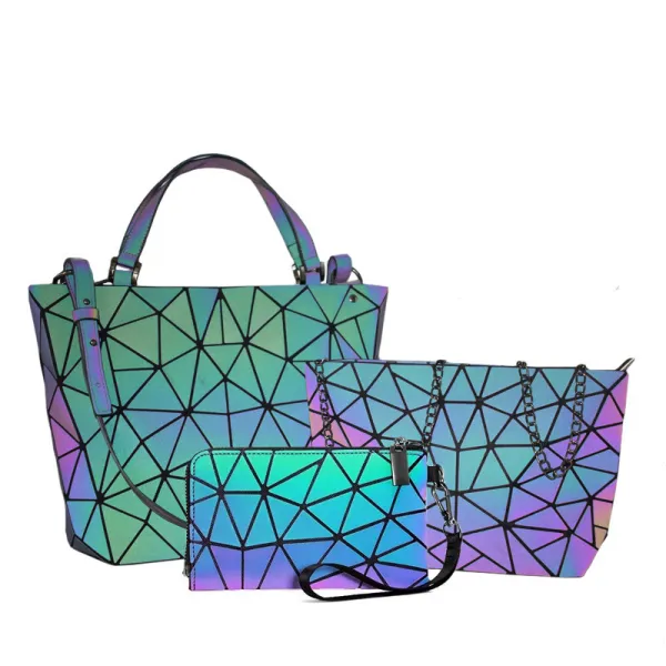 3-piece Multi-Colors Luminous Geometric Square Messenger Bag Shoulder Bags Purse 2021 PU Holographic Reflective Women's Bags