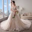 Chic / Beautiful Champagne Wedding Dresses 2018 A-Line / Princess Off-The-Shoulder Short Sleeve Backless Appliques Lace Pearl Beading Cathedral Train Ruffle